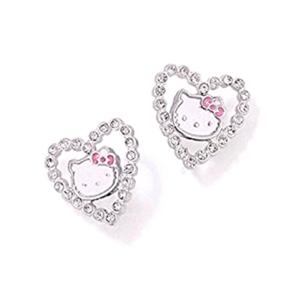 Hello Kitty Cat Crystal Stone Heart Shaped Pierced Silver Stud Earrings Pink Bow